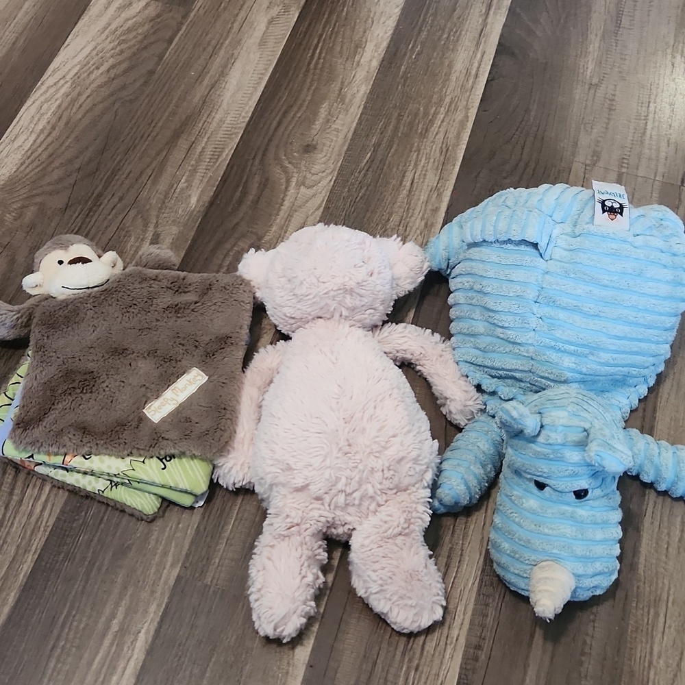 JellyCat Stuffies (3) stuffed animals Brown Monkey Book  Pink Pig  Blue Rhino